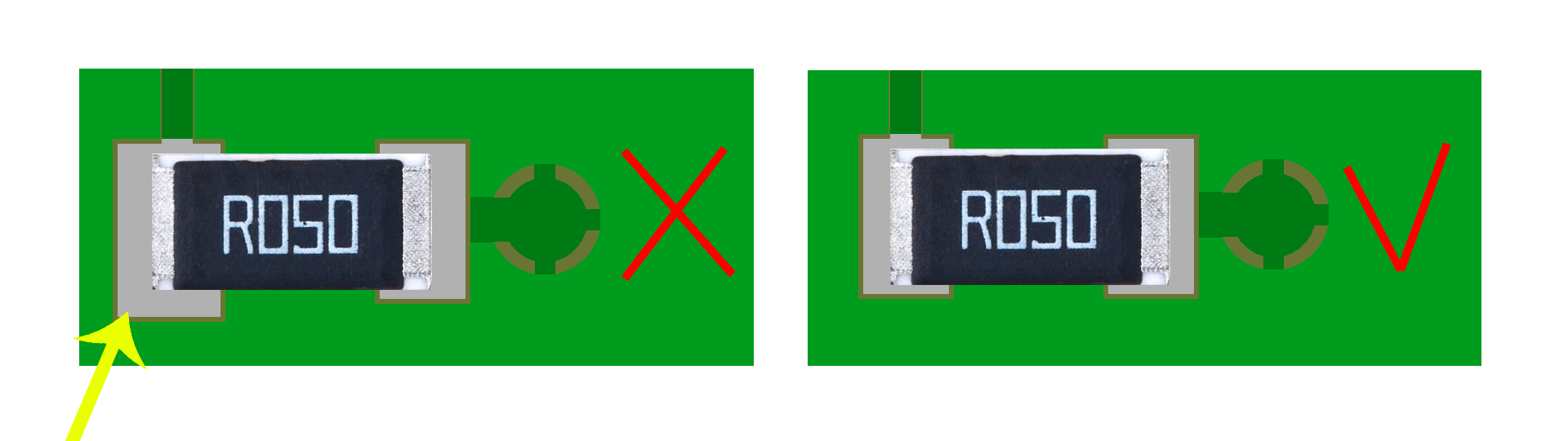 Different sized pads on either side of a symmetrical component